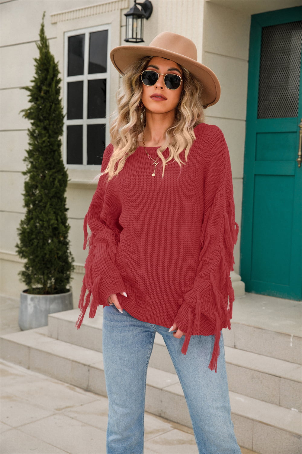 Ribbed Round Neck Fringe Detail Sweater BLUE ZONE PLANET