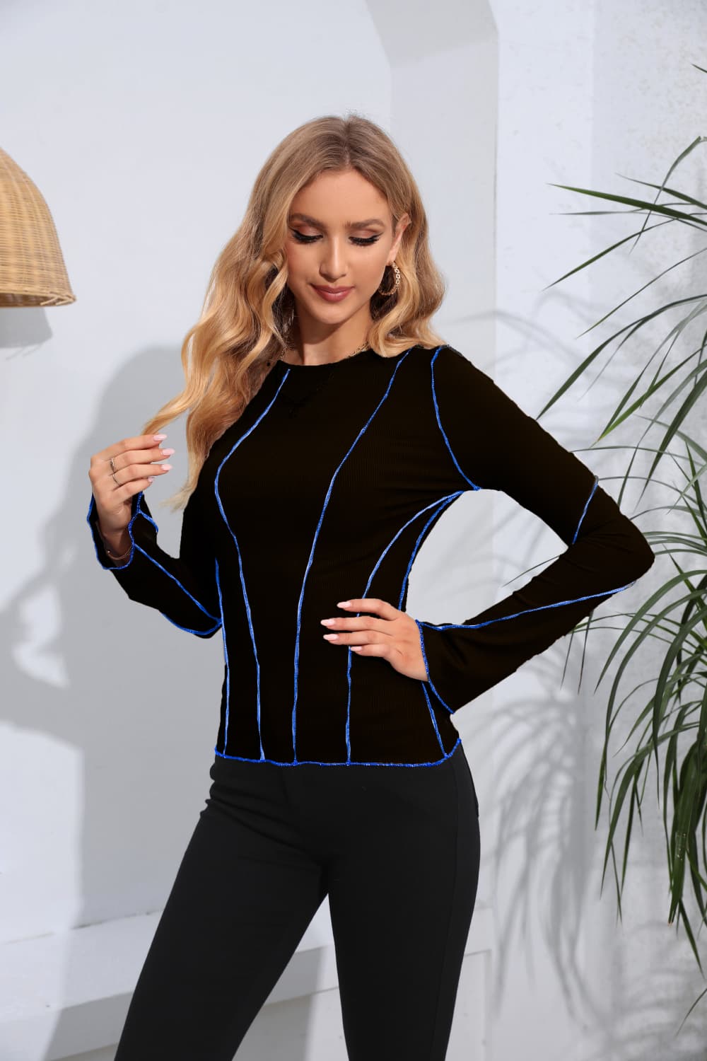 Ribbed Round Neck Long Sleeve Blouse BLUE ZONE PLANET