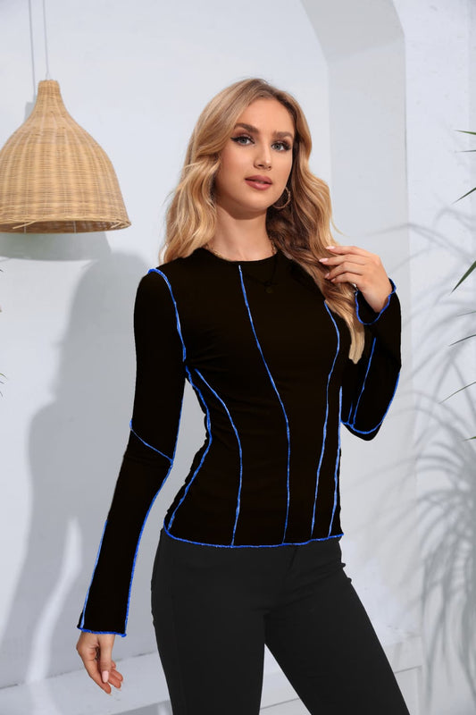 Ribbed Round Neck Long Sleeve Blouse BLUE ZONE PLANET