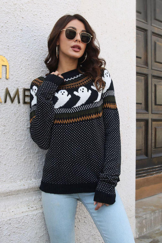 Ribbed Round Neck Long Sleeve Pullover Sweater BLUE ZONE PLANET