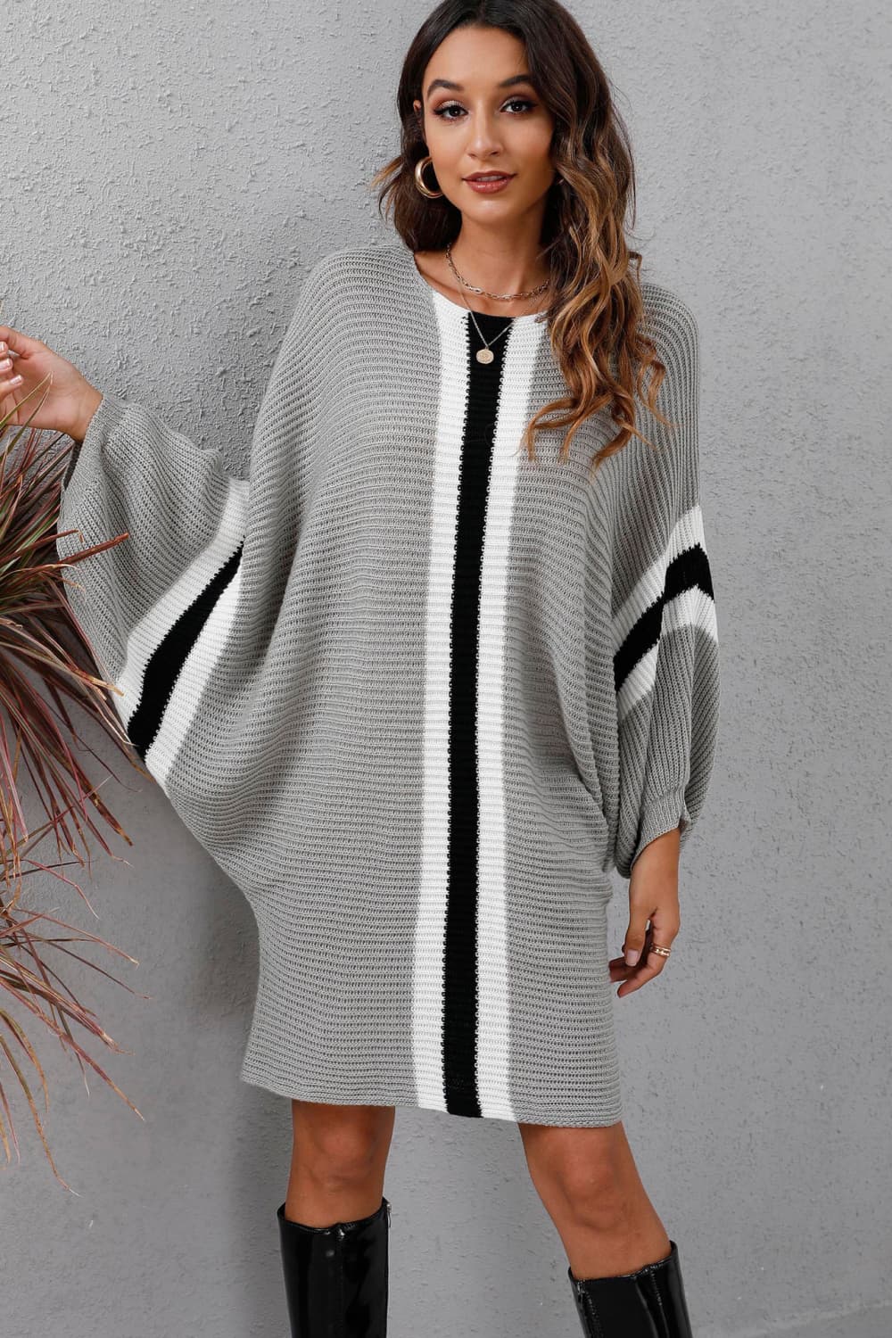 Ribbed Round Neck Long Sleeve Sweater Dress BLUE ZONE PLANET