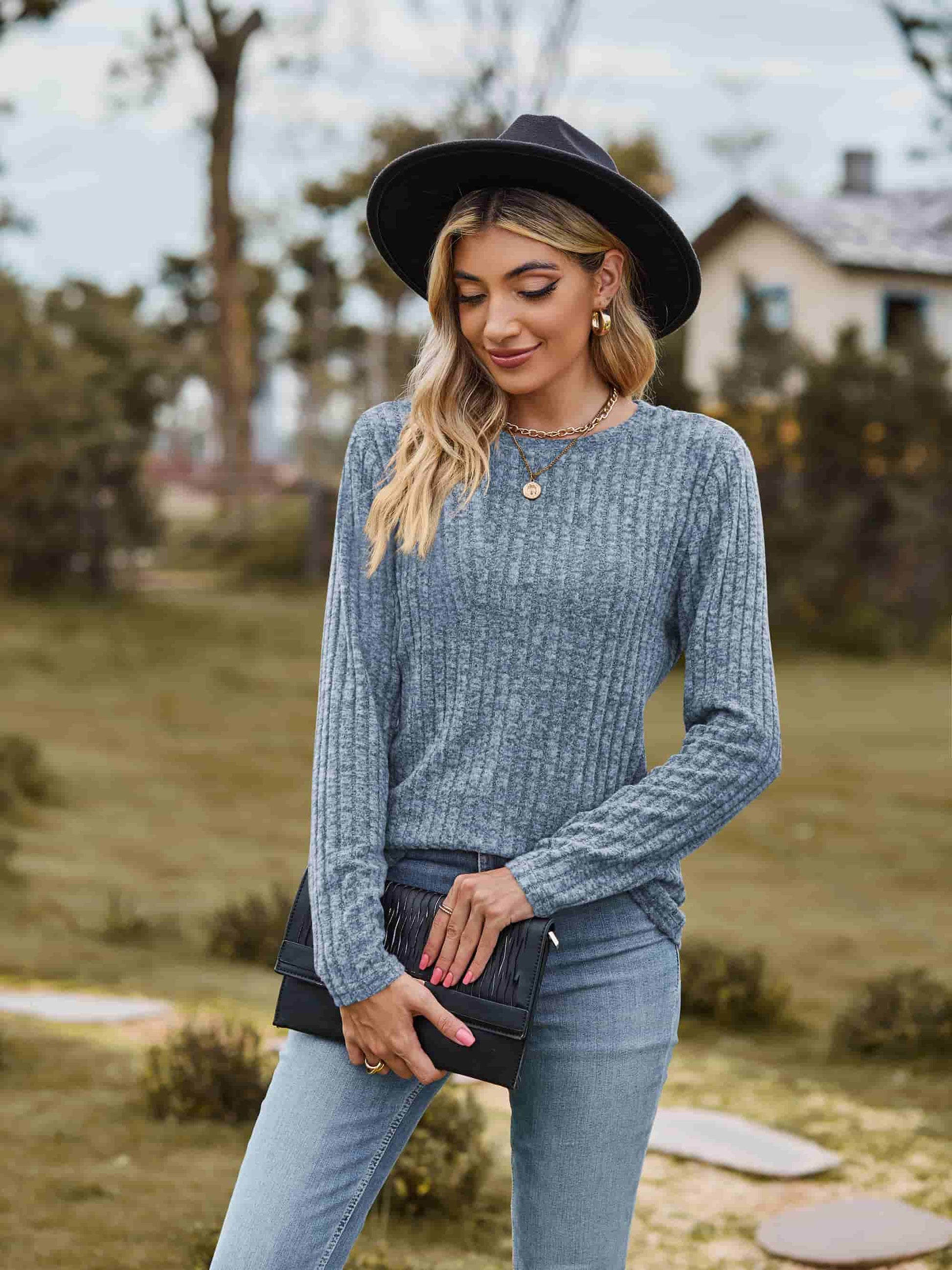 Ribbed Round Neck Long Sleeve Tee BLUE ZONE PLANET