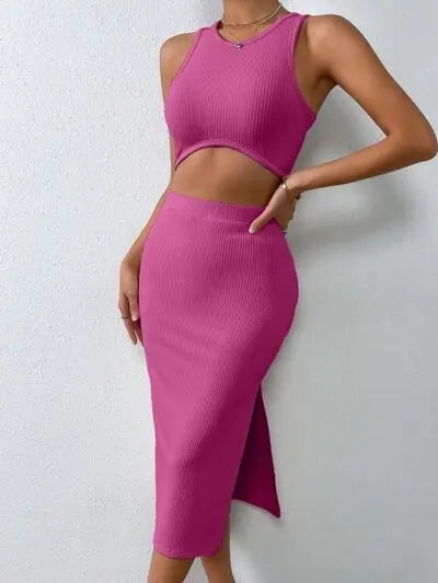 Ribbed Round Neck Tank and Slit Skirt Sweater Set Trendsi