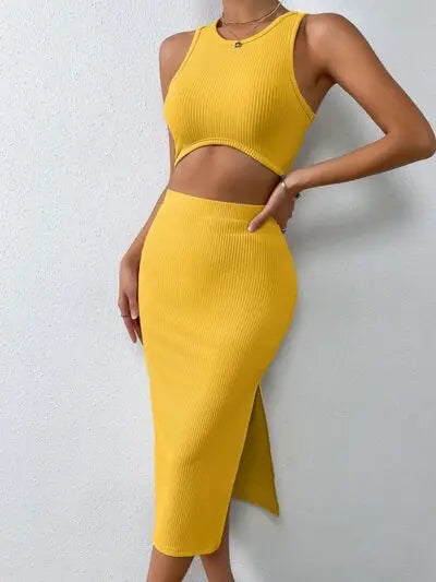 Ribbed Round Neck Tank and Slit Skirt Sweater Set Trendsi