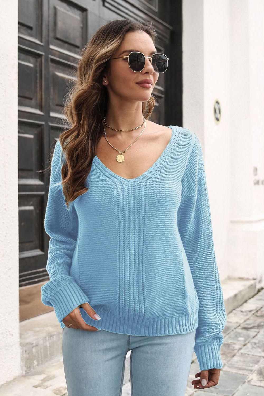 Ribbed Scoop Neck Long Sleeve Pullover Sweater BLUE ZONE PLANET