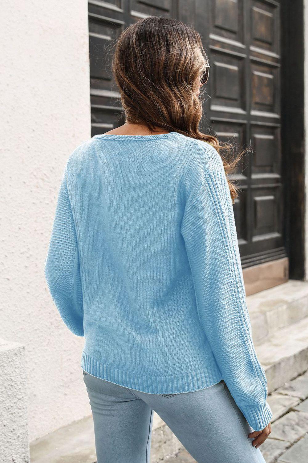 Ribbed Scoop Neck Long Sleeve Pullover Sweater BLUE ZONE PLANET