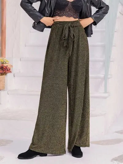 Ribbed Tied Wide Leg Pants Trendsi