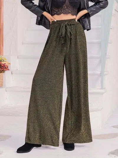 Ribbed Tied Wide Leg Pants Trendsi