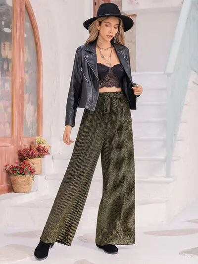 Ribbed Tied Wide Leg Pants Trendsi