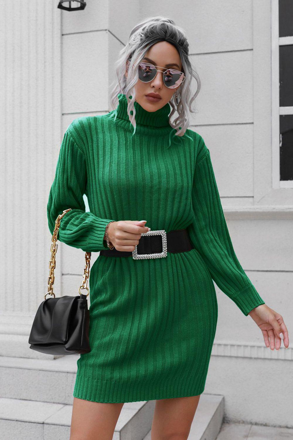 Ribbed Turtle Neck Long Sleeve Mini Sweater Dress BLUE ZONE PLANET