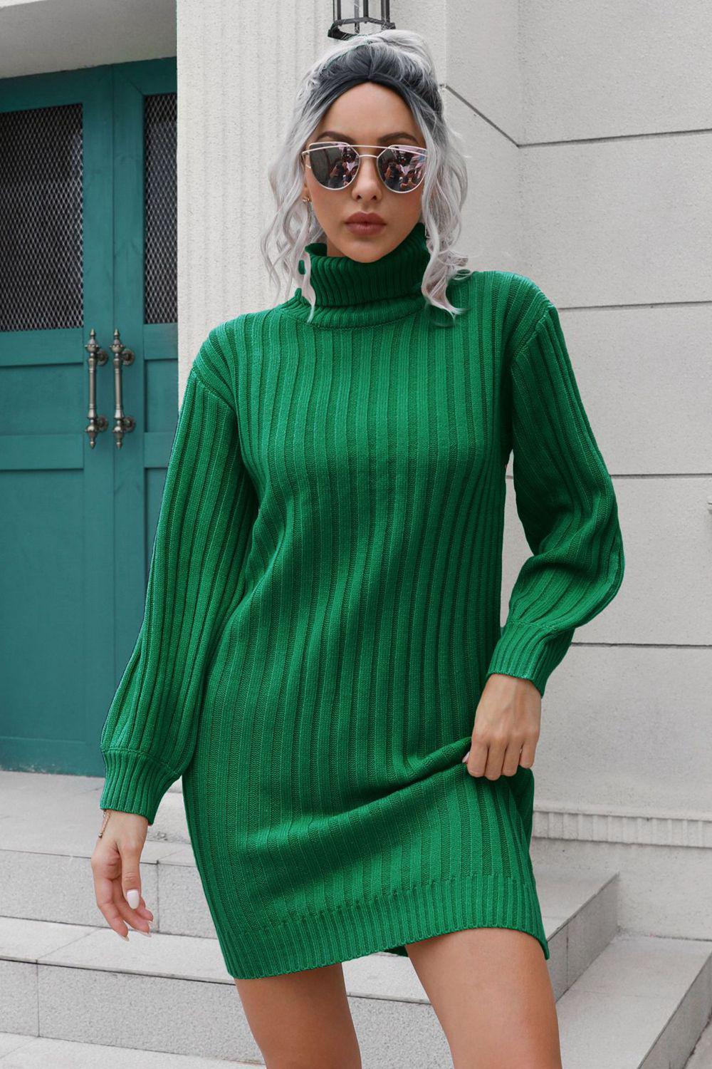 Ribbed Turtle Neck Long Sleeve Mini Sweater Dress BLUE ZONE PLANET