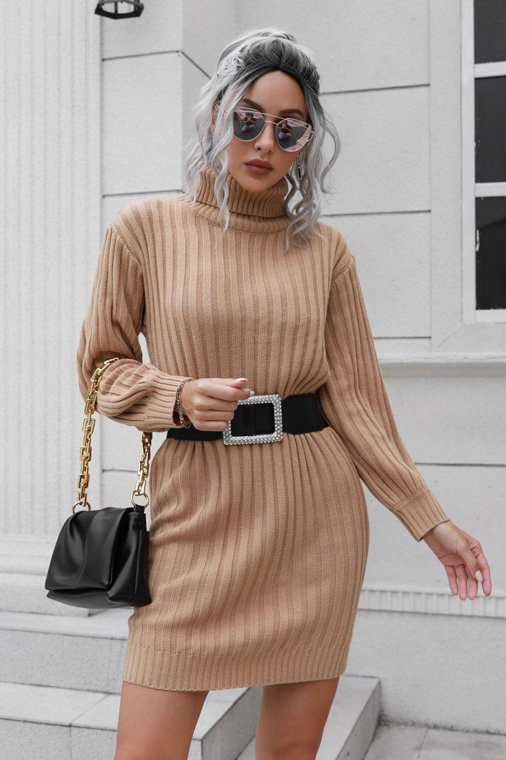 Ribbed Turtle Neck Long Sleeve Mini Sweater Dress BLUE ZONE PLANET