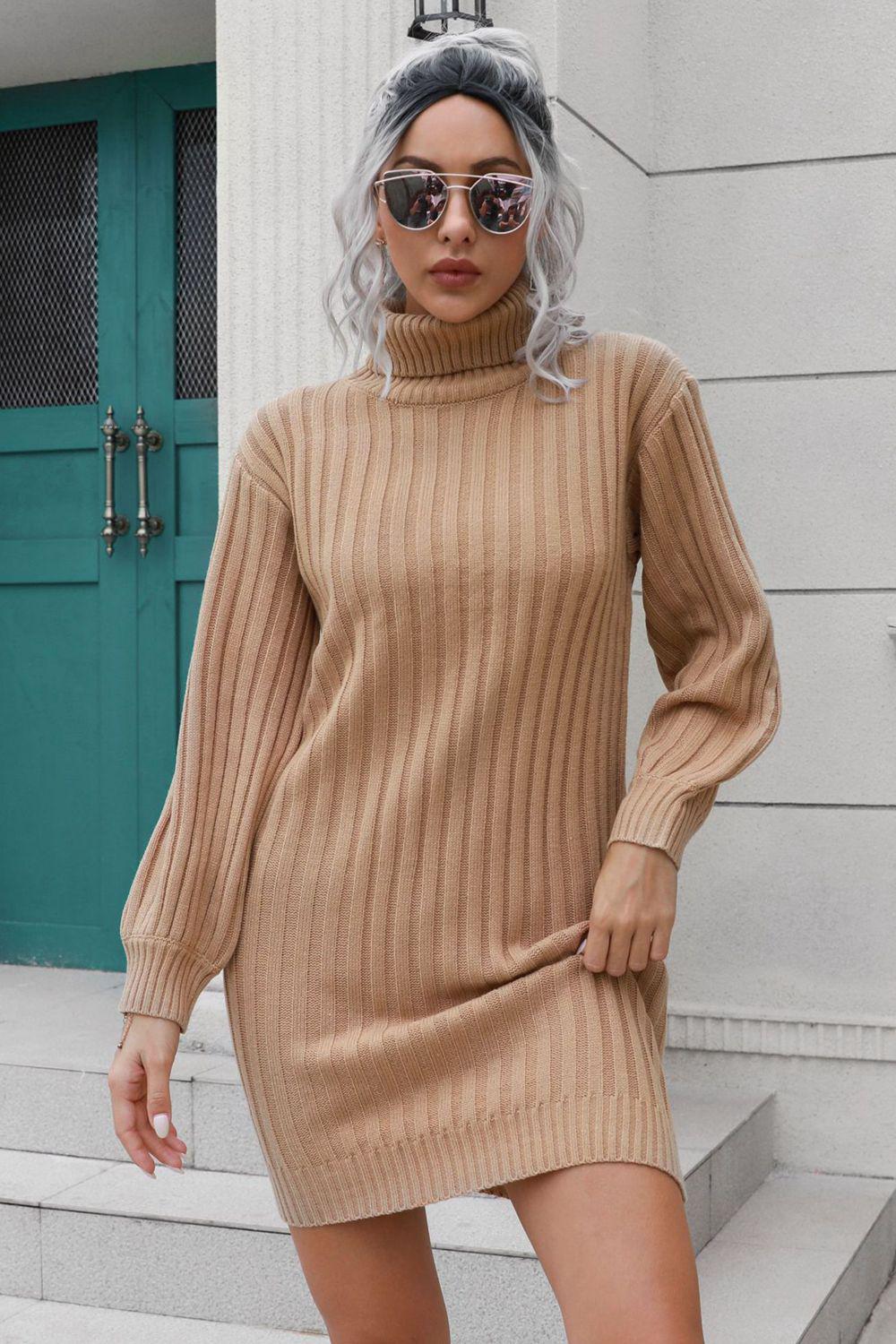 Ribbed Turtle Neck Long Sleeve Mini Sweater Dress BLUE ZONE PLANET