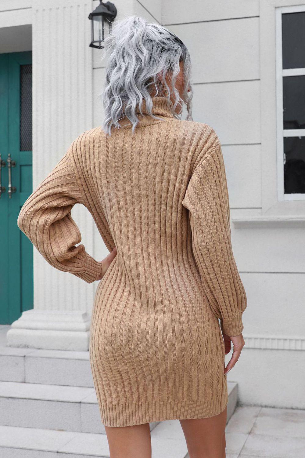 Ribbed Turtle Neck Long Sleeve Mini Sweater Dress BLUE ZONE PLANET