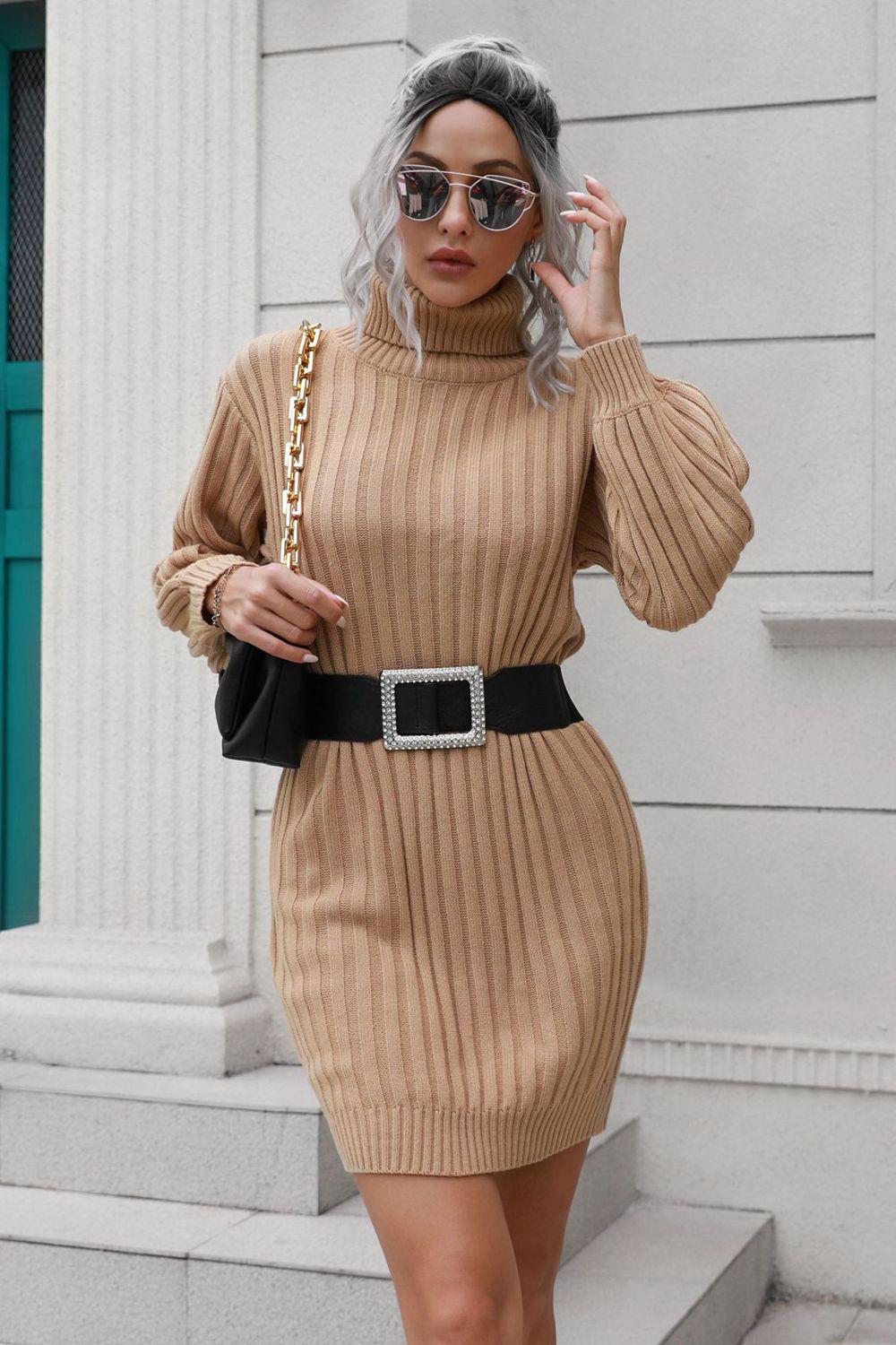 Ribbed Turtle Neck Long Sleeve Mini Sweater Dress BLUE ZONE PLANET