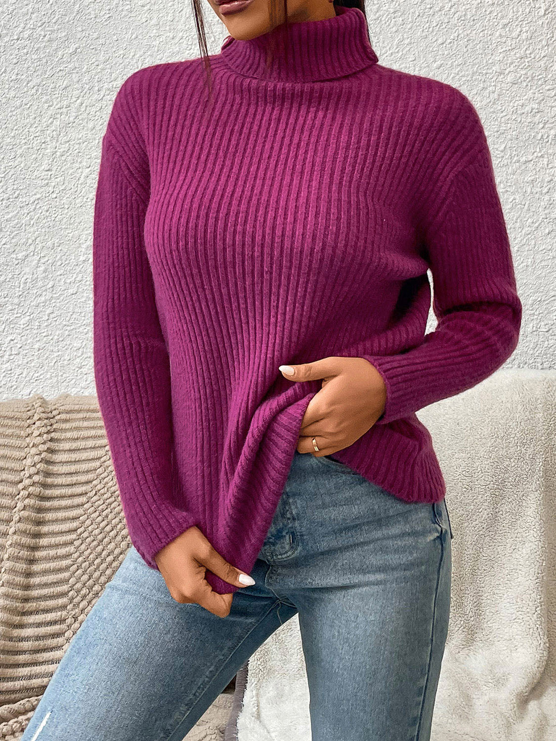Ribbed Turtle Neck Long Sleeve Sweater-TOPS / DRESSES-[Adult]-[Female]-2022 Online Blue Zone Planet