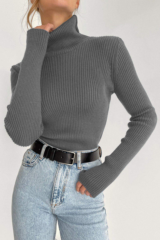 Ribbed Turtle Neck Long Sleeve Sweater-TOPS / DRESSES-[Adult]-[Female]-Charcoal-XS-2022 Online Blue Zone Planet