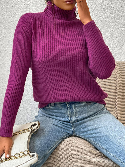 Ribbed Turtle Neck Long Sleeve Sweater-TOPS / DRESSES-[Adult]-[Female]-Fuchsia-S-2022 Online Blue Zone Planet