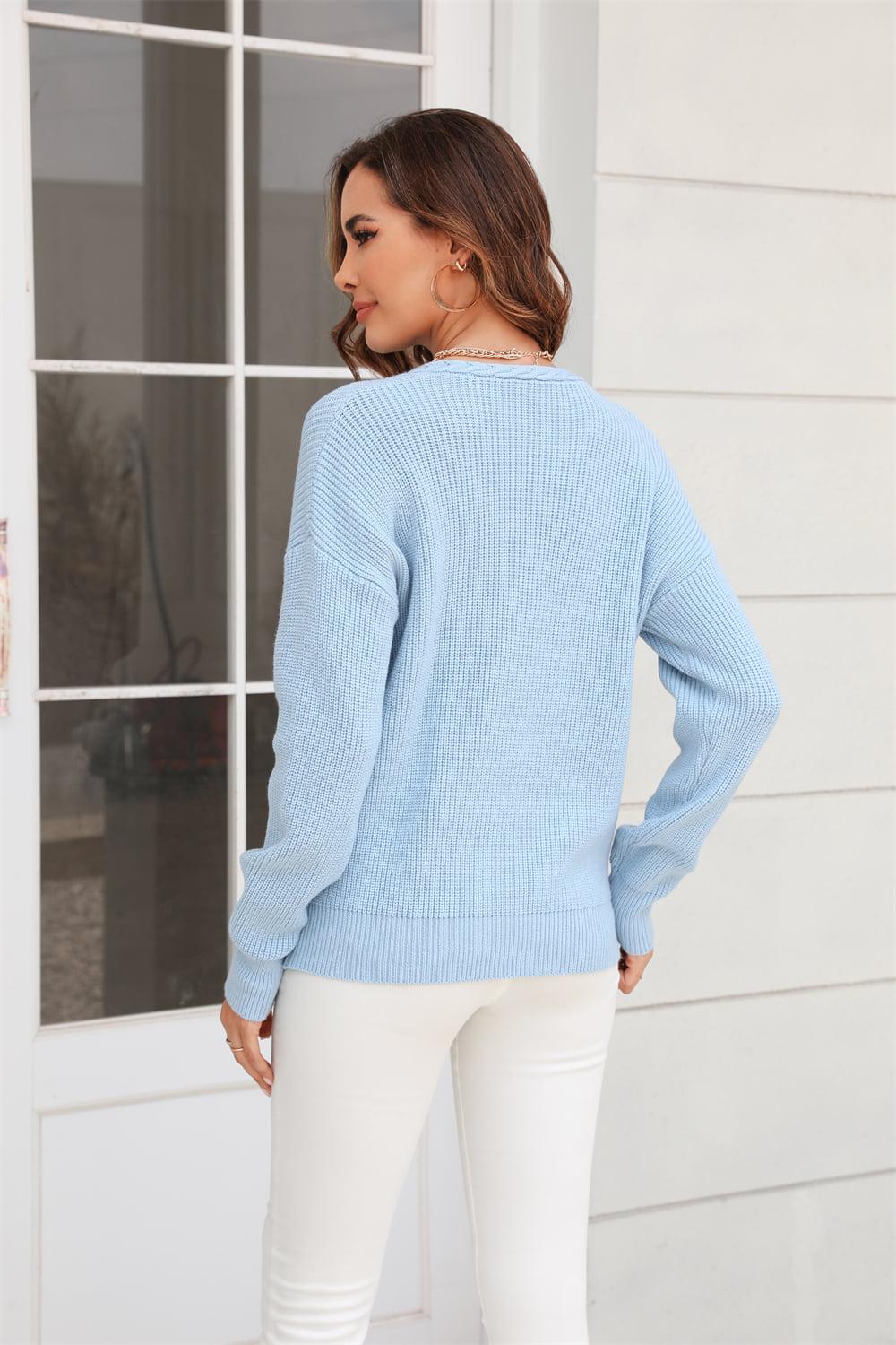 Ribbed V-Neck Dropped Shoulder Knit Top BLUE ZONE PLANET