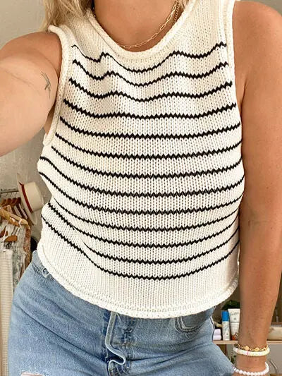 Rolled Striped Round Neck Sweater Vest BLUE ZONE PLANET