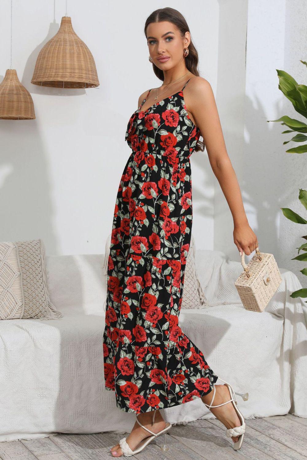 Rose Print Spaghetti Strap Sweetheart Neck Dress BLUE ZONE PLANET