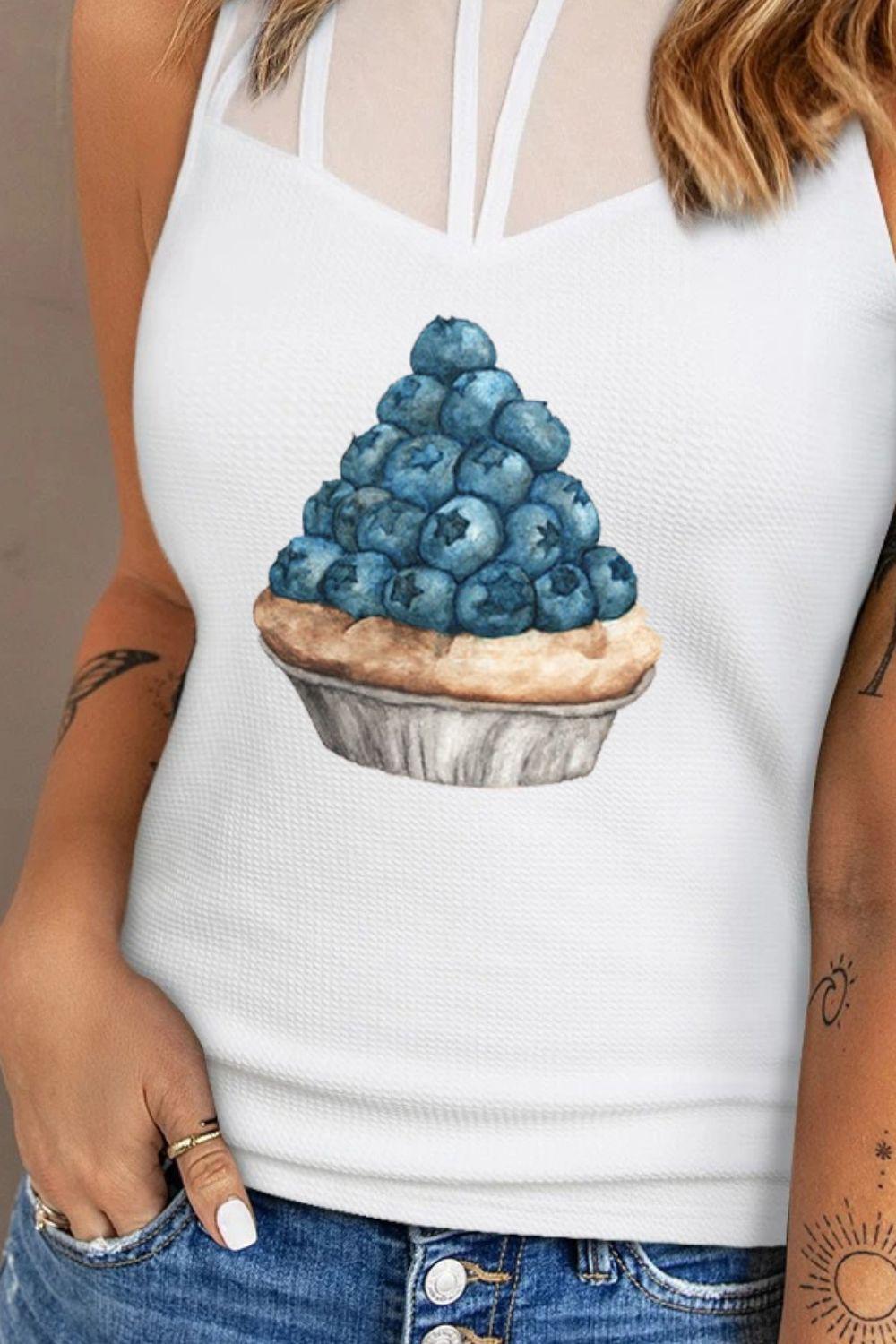 Round Neck Blueberry Graphic Tank Top BLUE ZONE PLANET