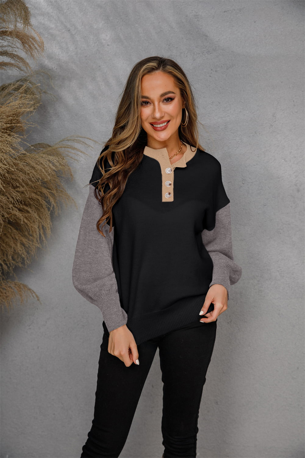 Round Neck Buttoned Knit Top BLUE ZONE PLANET