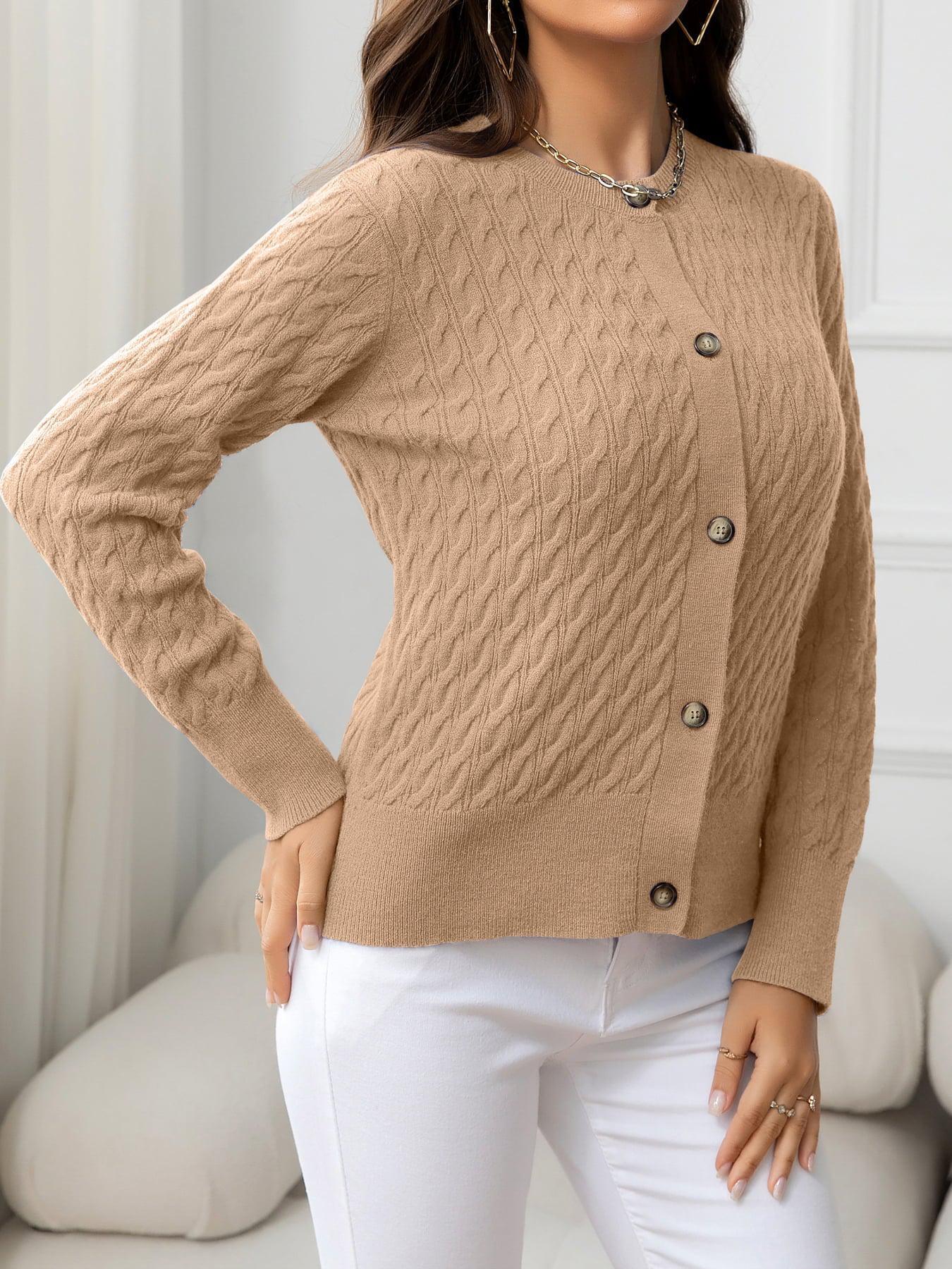 Round Neck Cable-Knit Buttoned Knit Top BLUE ZONE PLANET