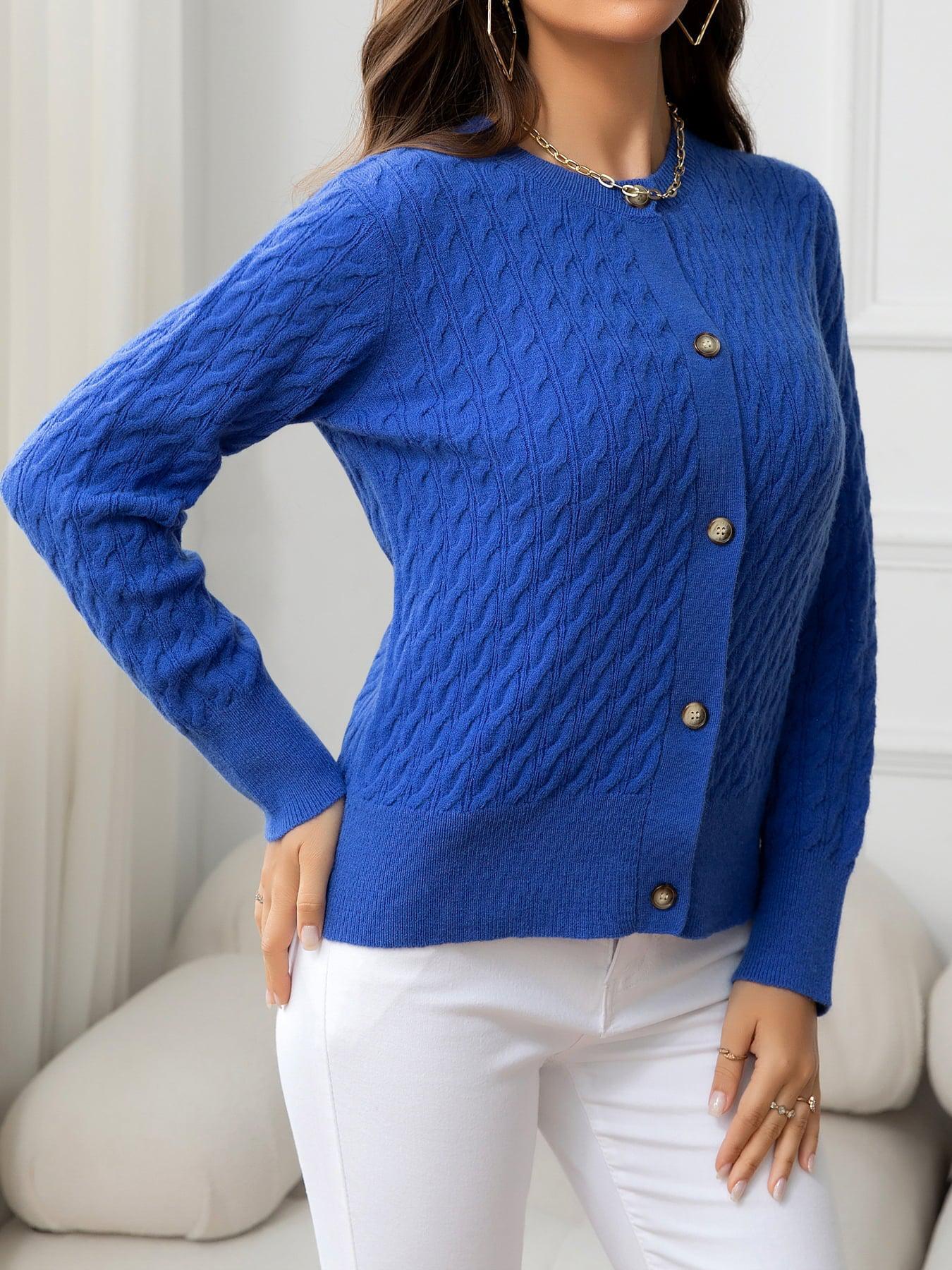 Round Neck Cable-Knit Buttoned Knit Top BLUE ZONE PLANET