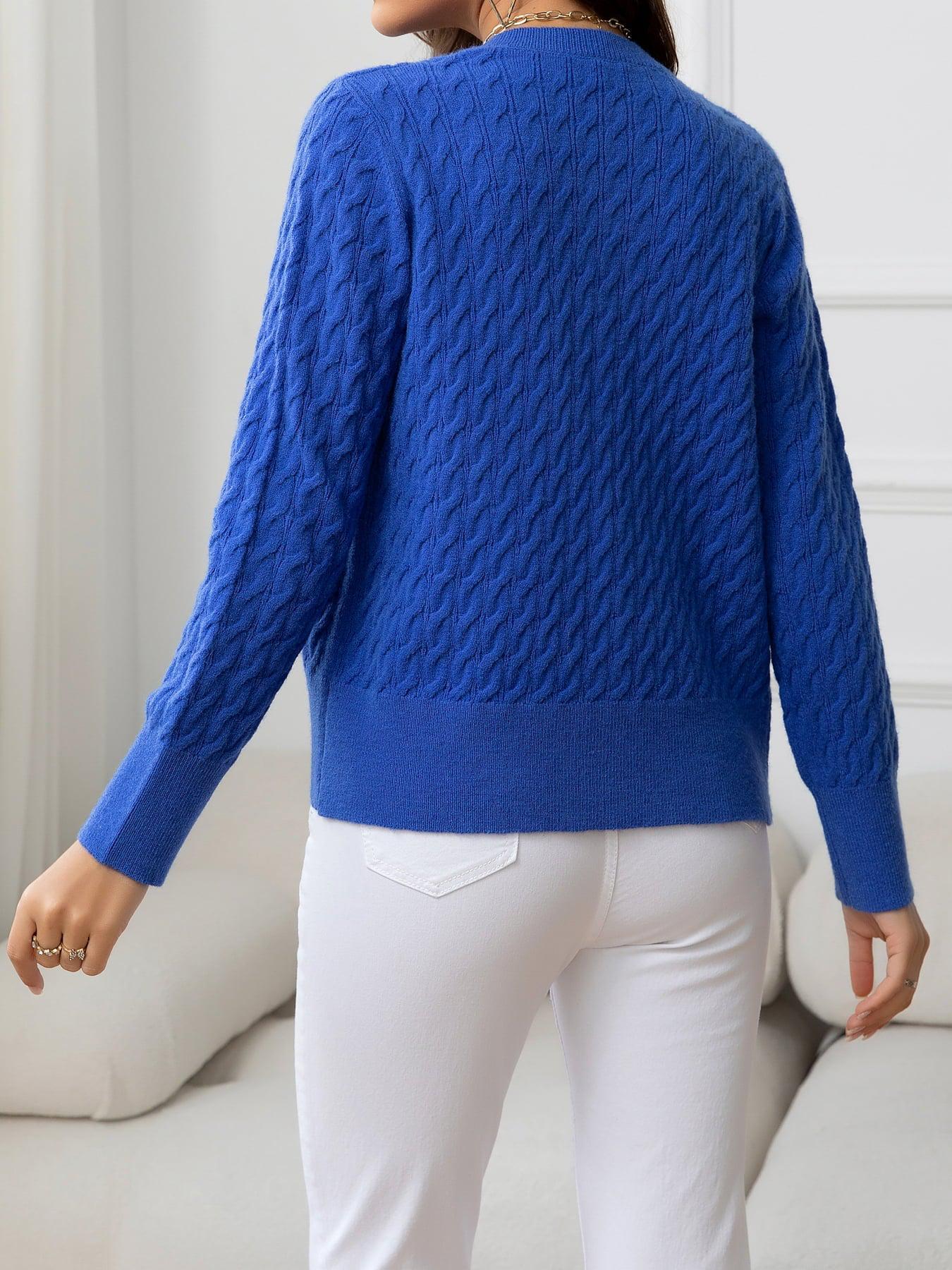 Round Neck Cable-Knit Buttoned Knit Top BLUE ZONE PLANET