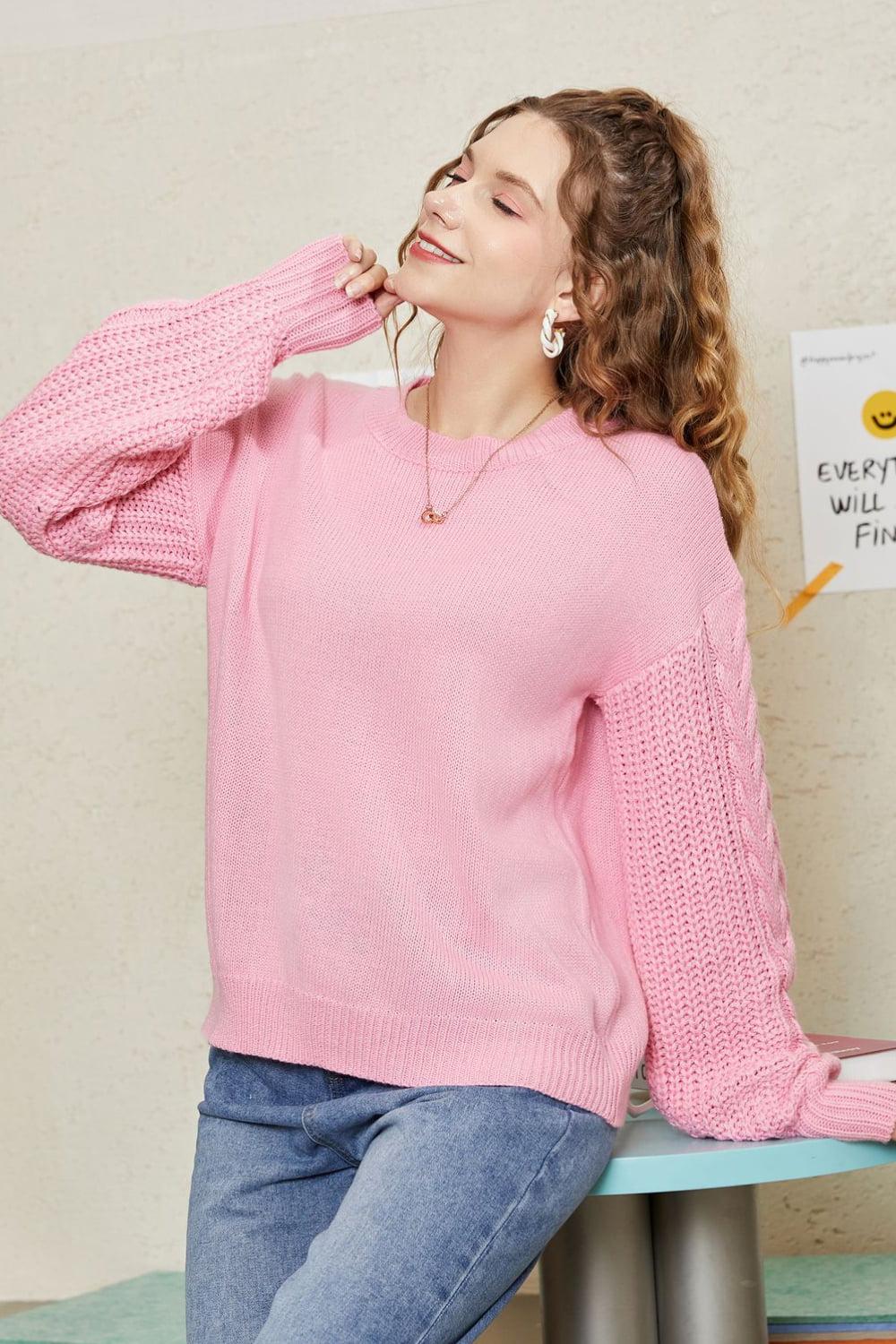 Round Neck Cable-Knit Dropped Shoulder Sweater BLUE ZONE PLANET