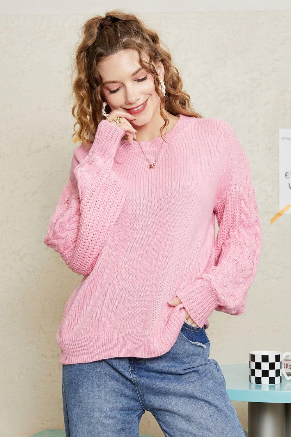 Round Neck Cable-Knit Dropped Shoulder Sweater BLUE ZONE PLANET