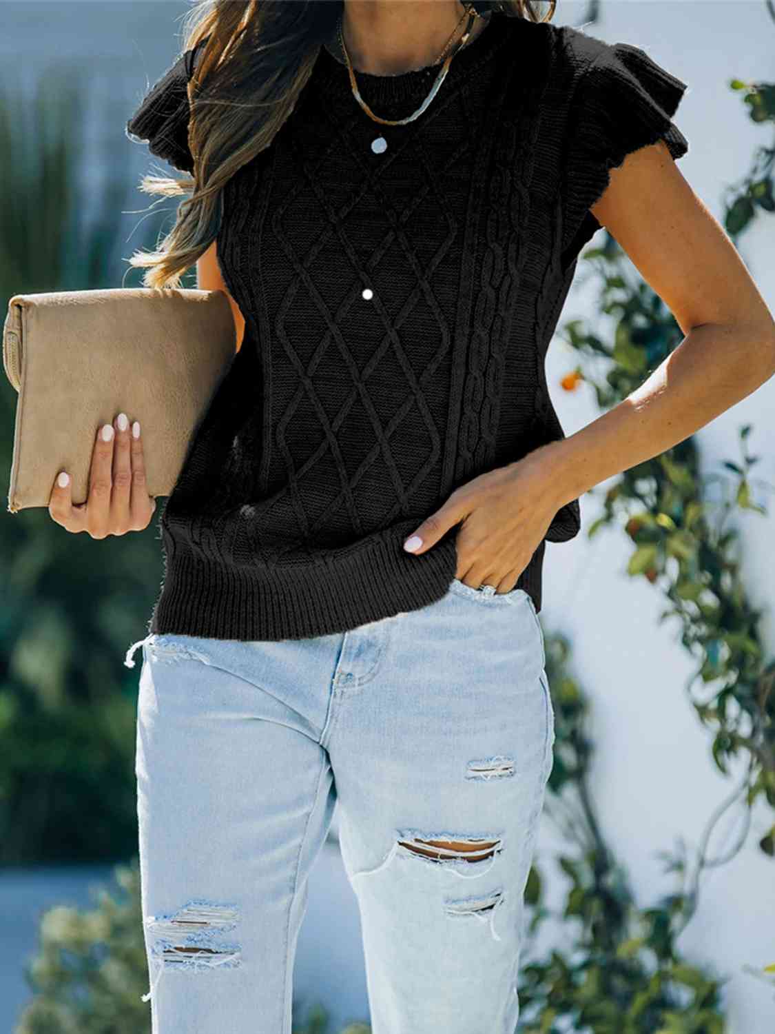 Round Neck Cap Sleeve Sweater BLUE ZONE PLANET