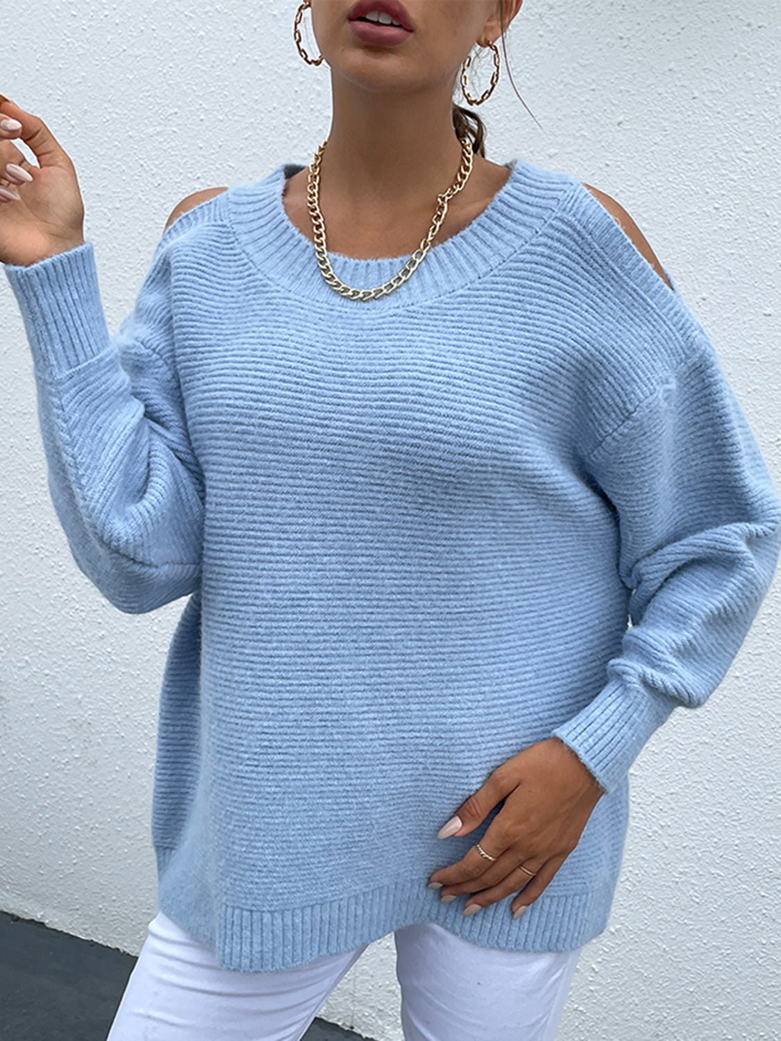 Round Neck Cold Shoulder Sweater BLUE ZONE PLANET