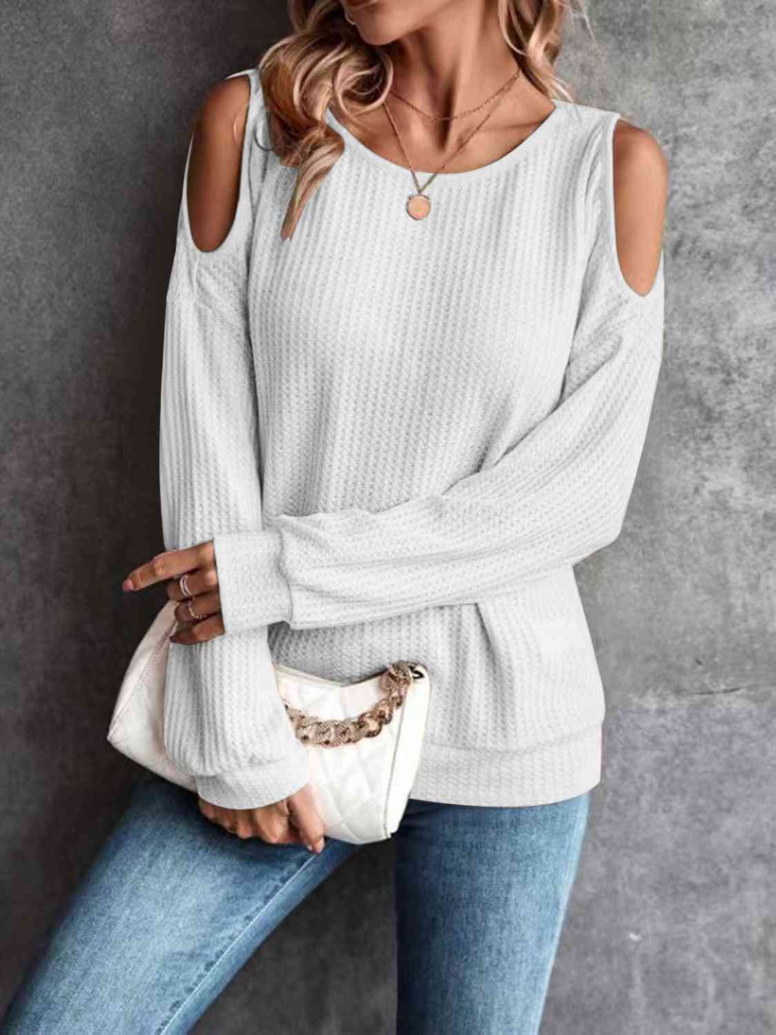 Round Neck Cold-Shoulder Waffle-Knit Top BLUE ZONE PLANET