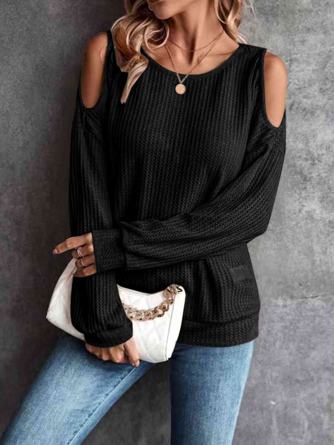 Round Neck Cold-Shoulder Waffle-Knit Top BLUE ZONE PLANET