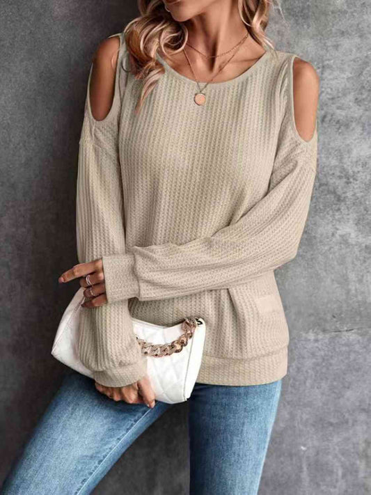 Round Neck Cold-Shoulder Waffle-Knit Top BLUE ZONE PLANET