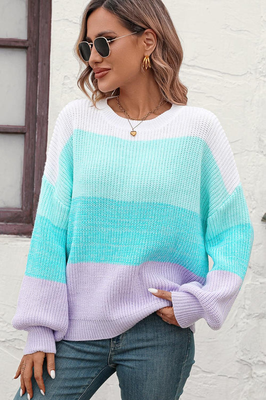 Round Neck Color Block Ribbed Pullover Sweater BLUE ZONE PLANET