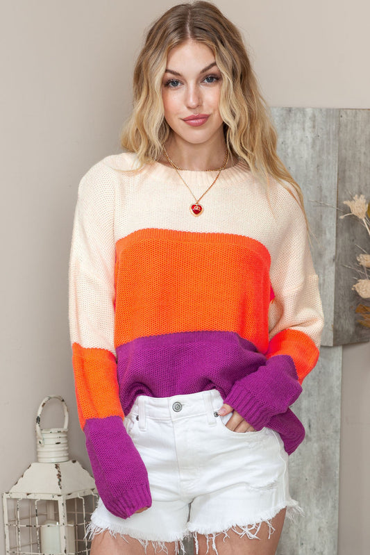 Round Neck Color Block Sweater BLUE ZONE PLANET