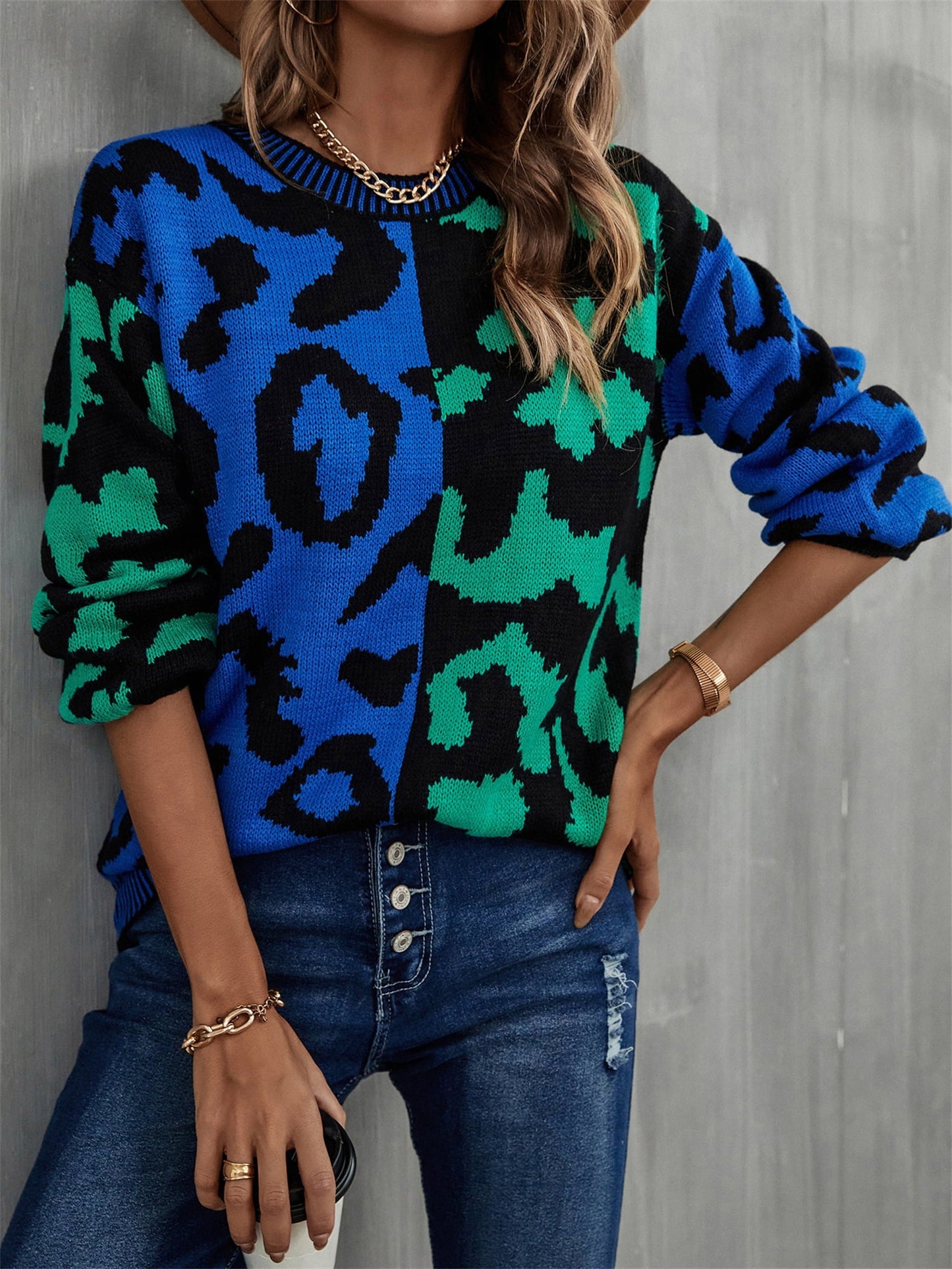 Round Neck Contrast Color Dropped Shoulder Sweater BLUE ZONE PLANET