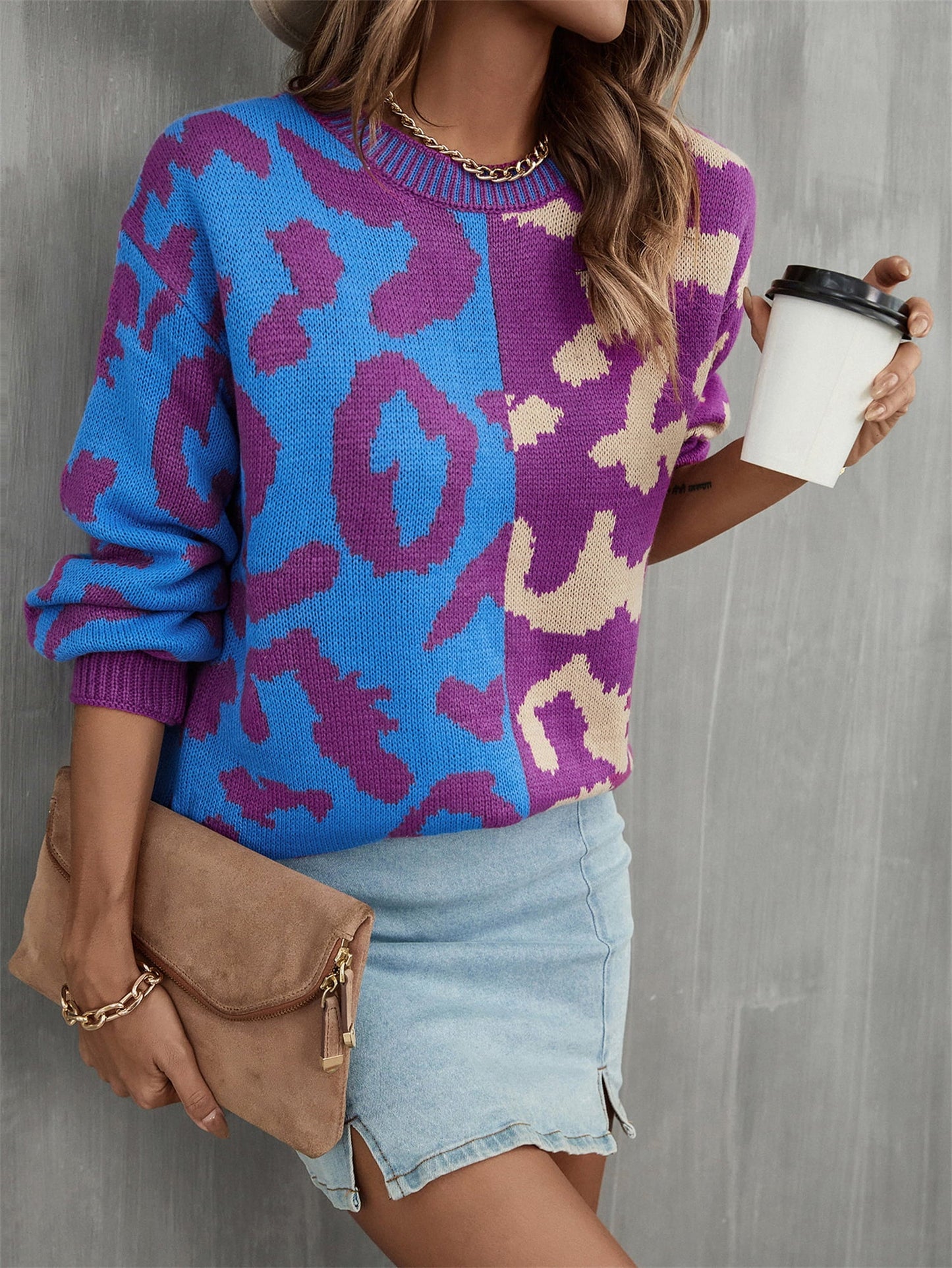 Round Neck Contrast Color Dropped Shoulder Sweater BLUE ZONE PLANET