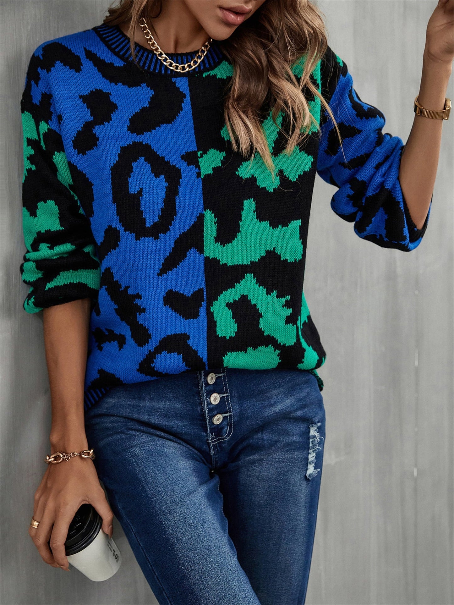 Round Neck Contrast Color Dropped Shoulder Sweater BLUE ZONE PLANET