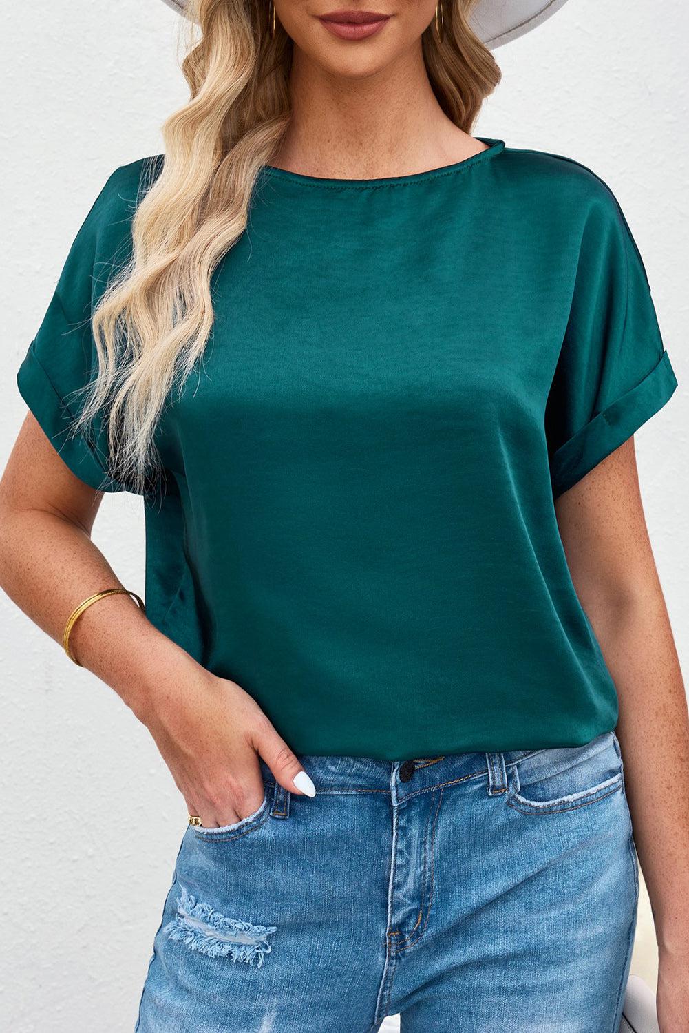 Round Neck Cuffed Sleeve Top BLUE ZONE PLANET