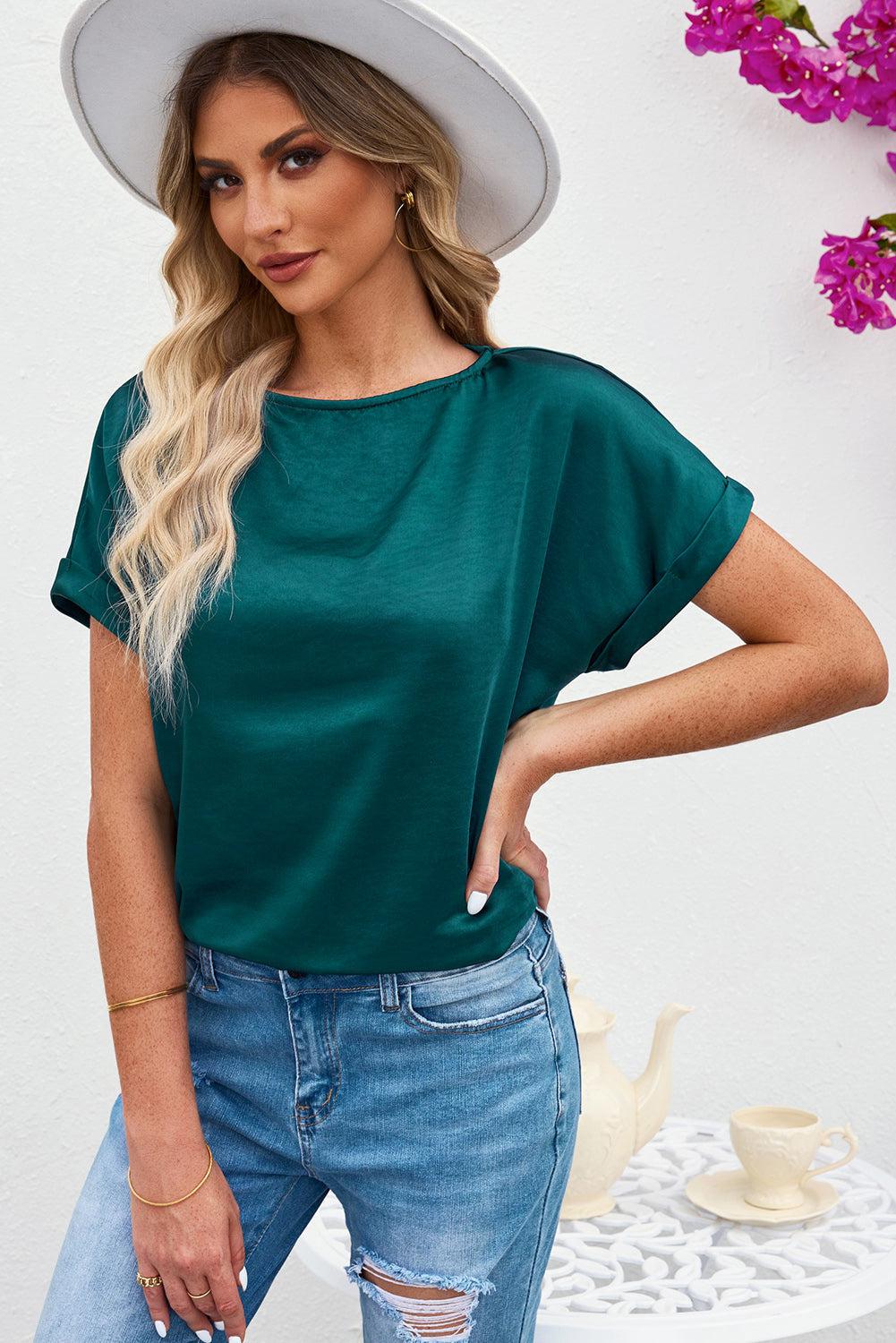 Round Neck Cuffed Sleeve Top BLUE ZONE PLANET