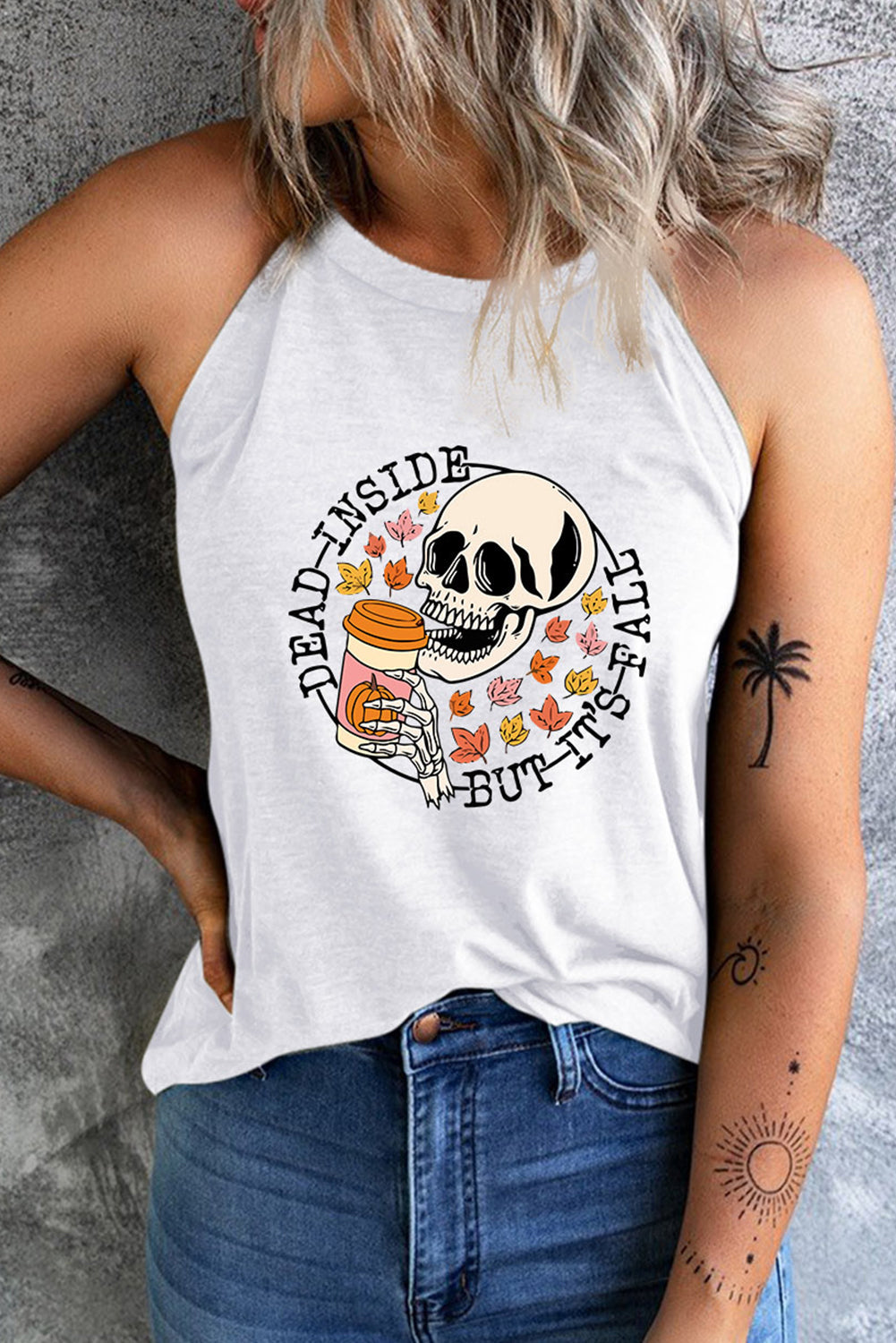Round Neck DEAD INSIDE BUT IT'S FALL Graphic Tank Top BLUE ZONE PLANET