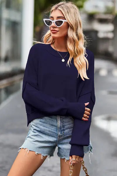 Round Neck Drop Shoulder Long Sleeve Sweater BLUE ZONE PLANET