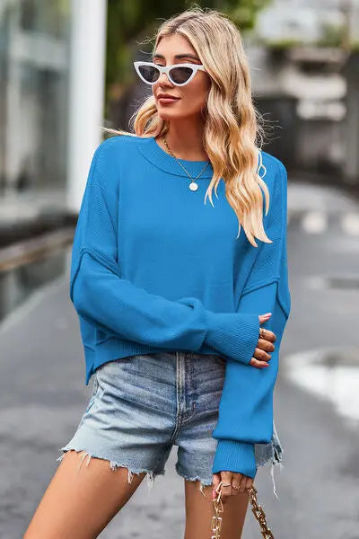 Round Neck Drop Shoulder Long Sleeve Sweater BLUE ZONE PLANET