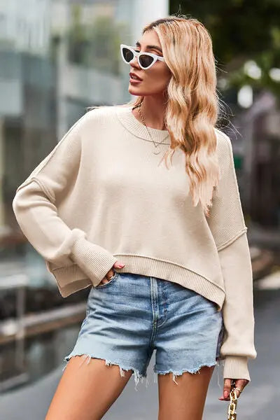 Round Neck Drop Shoulder Long Sleeve Sweater BLUE ZONE PLANET