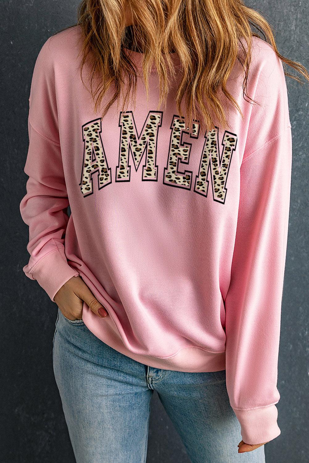 Round Neck Dropped Shoulder AMEN Graphic Sweatshirt BLUE ZONE PLANET