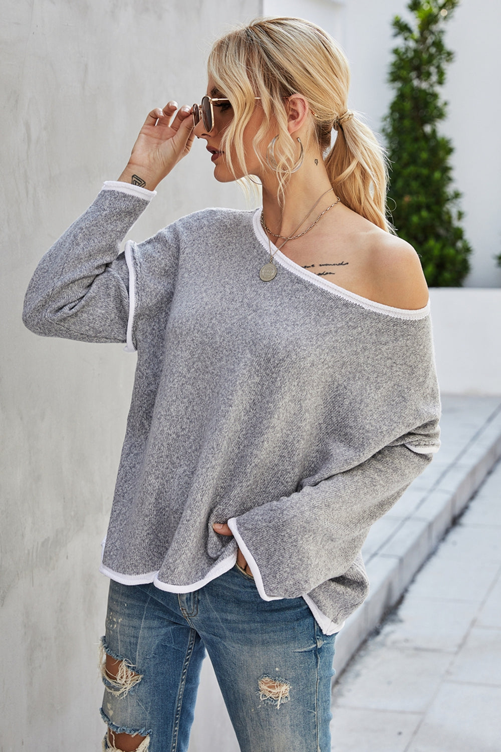 Round Neck Dropped Shoulder Casual Sweater BLUE ZONE PLANET